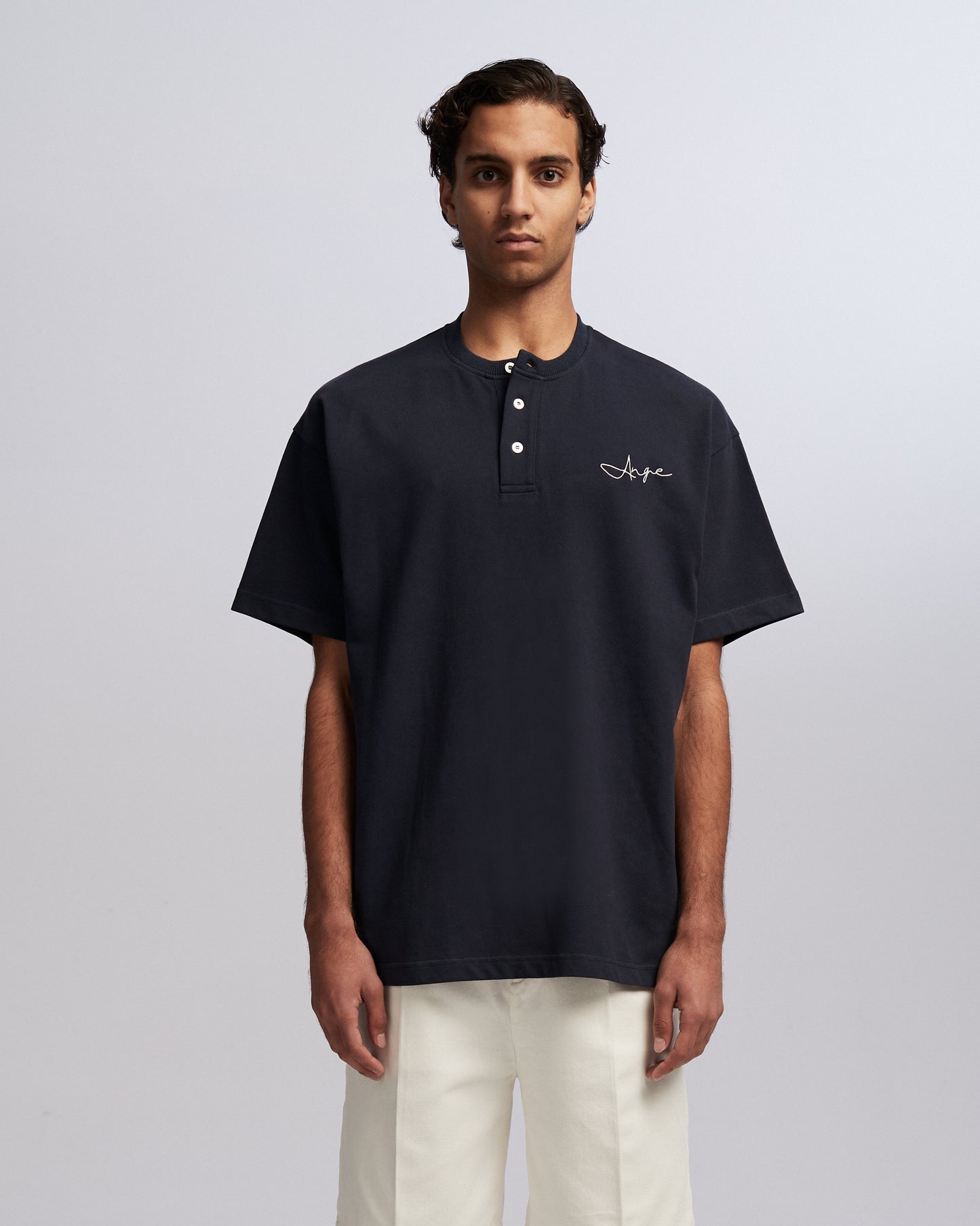 Button Script T-shirt Navy